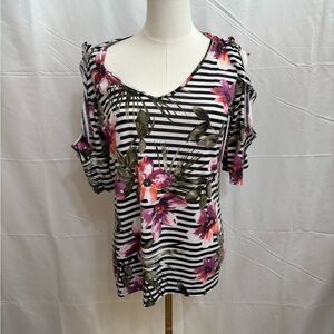 Fred David Floral Stripe Cold Shoulder Top Medium Black White Pink Blouse